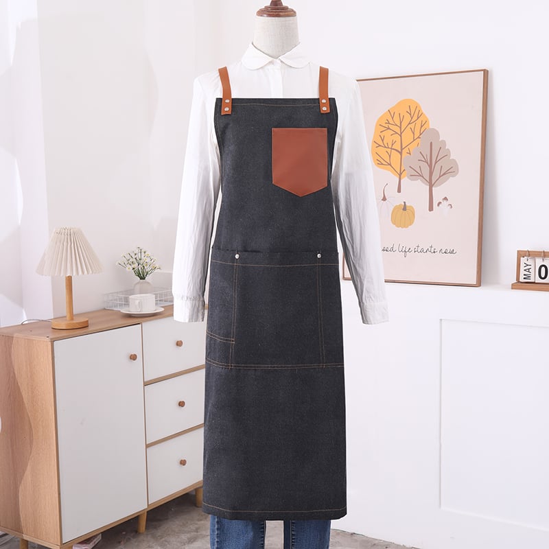 Washed Denim Multi Pocket Hanging Neck Apron Restaurant Barbecue Coffee Shop Work Apron
