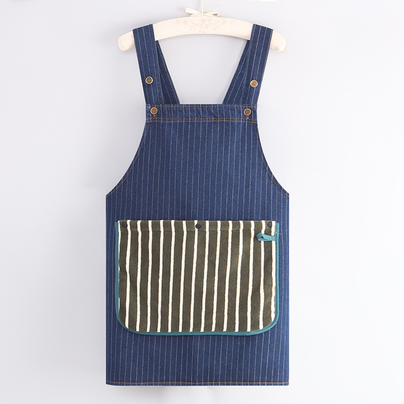 Unisex Detachable Towel Secure Pockets Minimalist Style Quick-Adjust Waist Strap Blue Denim Bartender Apron