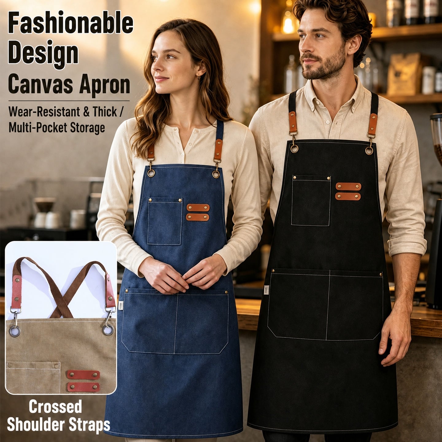 Custom Logo Blue Black Brown Thick Washable Canvas Apron Cleaning Man Women Garden Food Cooking Kitchen Chef Apron
