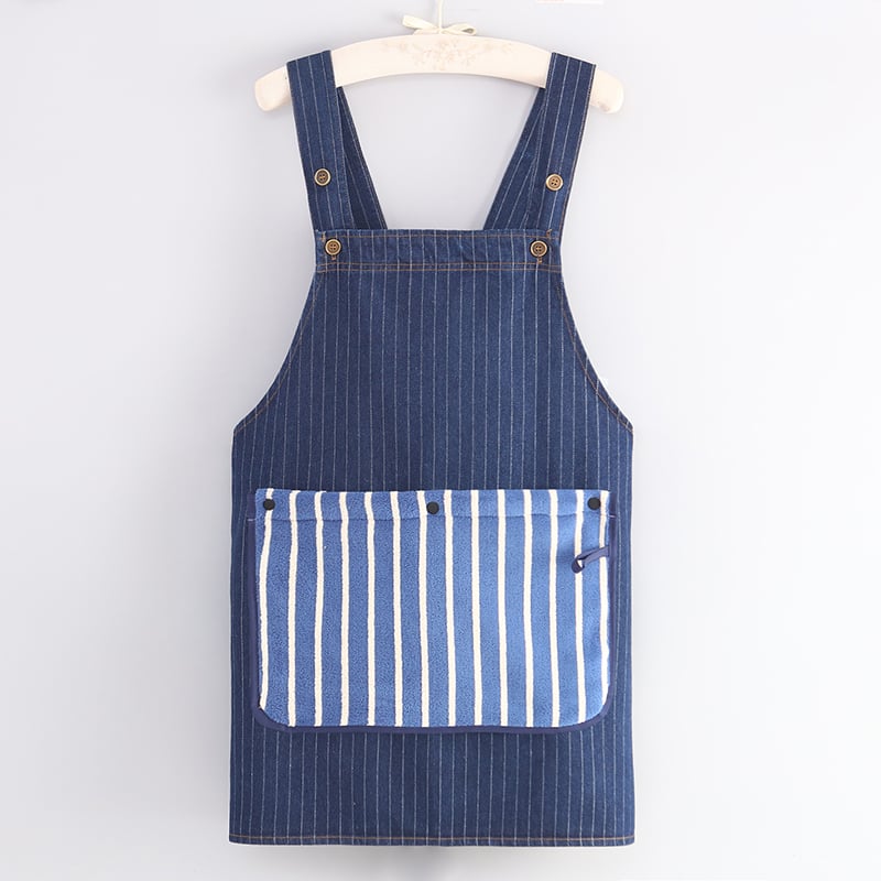 Unisex Detachable Towel Secure Pockets Minimalist Style Quick-Adjust Waist Strap Blue Denim Bartender Apron