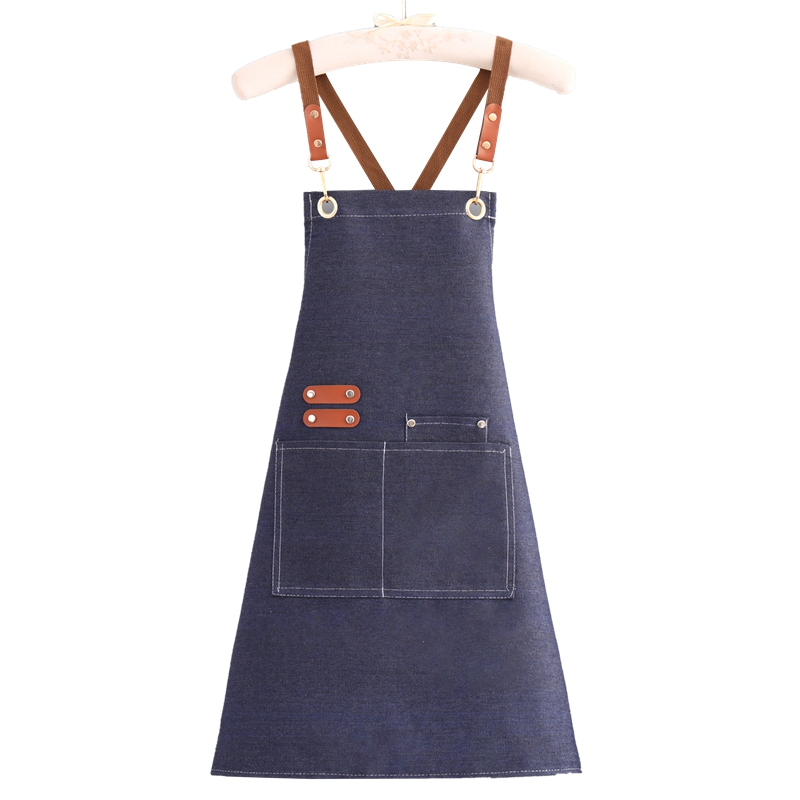 celemek Denim Hitam Grosir dengan Tali Kulit Biru, Celemek Denim Berkesan Usang untuk Toko Kopi, Toko Bunga, dan BBQ