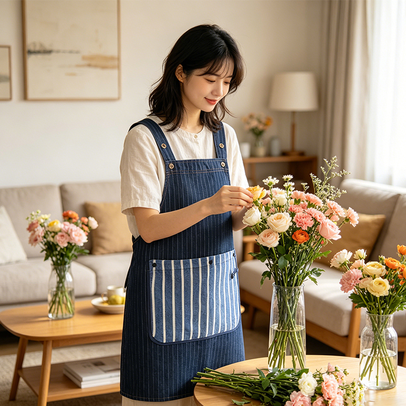 Unisex Detachable Towel Secure Pockets Minimalist Style Quick-Adjust Waist Strap Blue Denim Bartender Apron