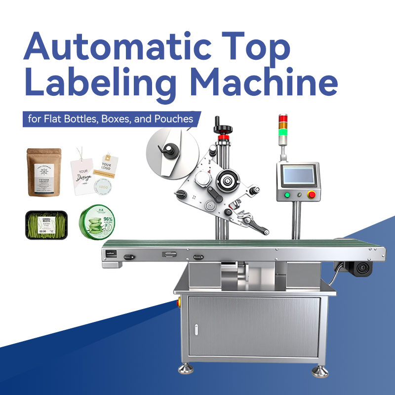 Automatic Top Labeling Machine for Flat Bottles, Boxes, and Pouches