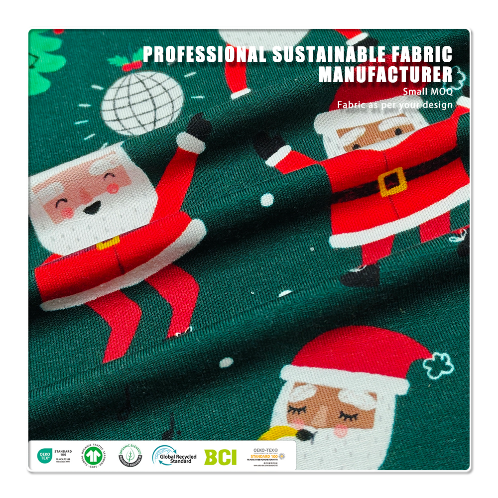 Festligt juletrykt bambus-spandex-jersey-stof (95 % bambus, 5 % spandex, 220 GSM, 170 cm bredde) – blødt, elastisk og miljøvenligt til børns pyjamas og loungewear