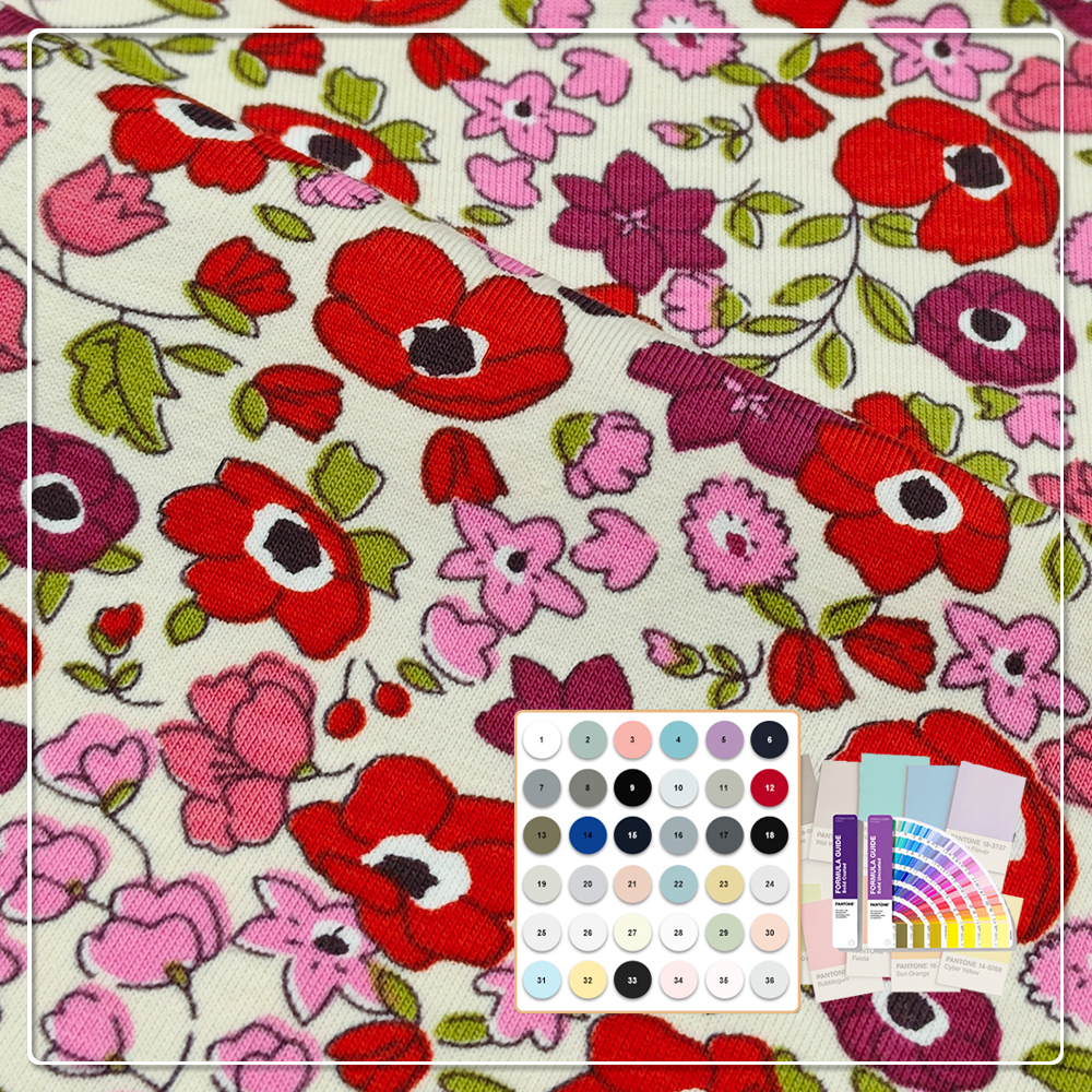 Vibrant Red & Pink Floral Digital Print Jersey – 95% Cotton 5% Spandex, Soft Stretch for Dresses & Blouses