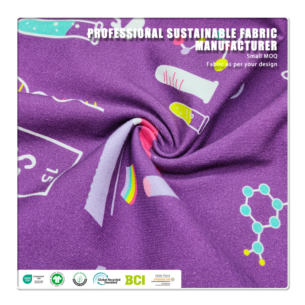 La tela de algodón orgánico estampada certificada GOTS de 200 gsm es adecuada para la fabricación de ropa infantil.