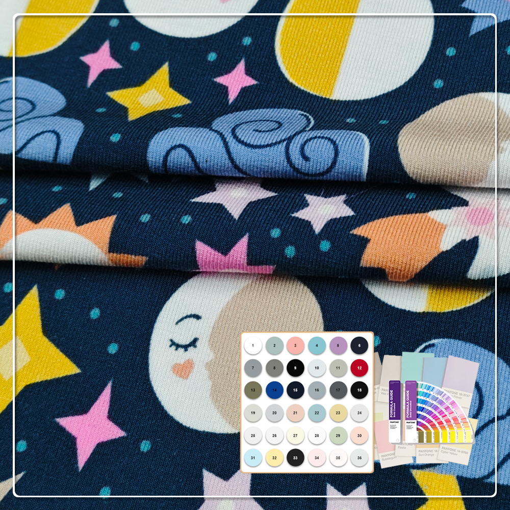 Drömlik himmelsk print i bambu-spandex-jersey (90 % bambu / 10 % spandex, 220 g/m², 170 cm) – charmigt sol-, måne- och stjärnmönster för barns yogakläder