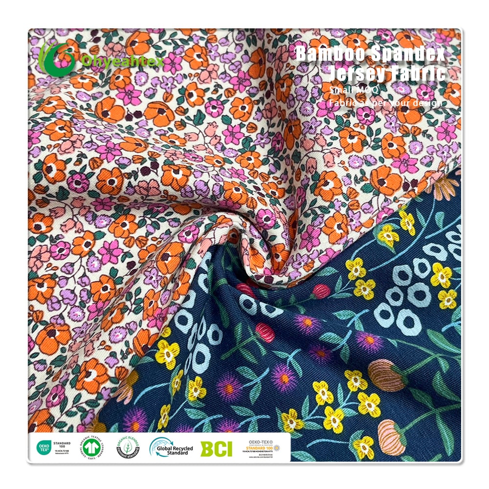 Mjuk andlig 200gsm 95% Organisk bomull 5% Spandex skärmt tryckt tricottyg för babyklädning