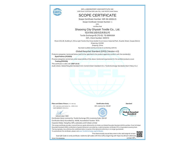 We are GRS Certified.Textile Exchange-ID (TE-ID): TE-00066884