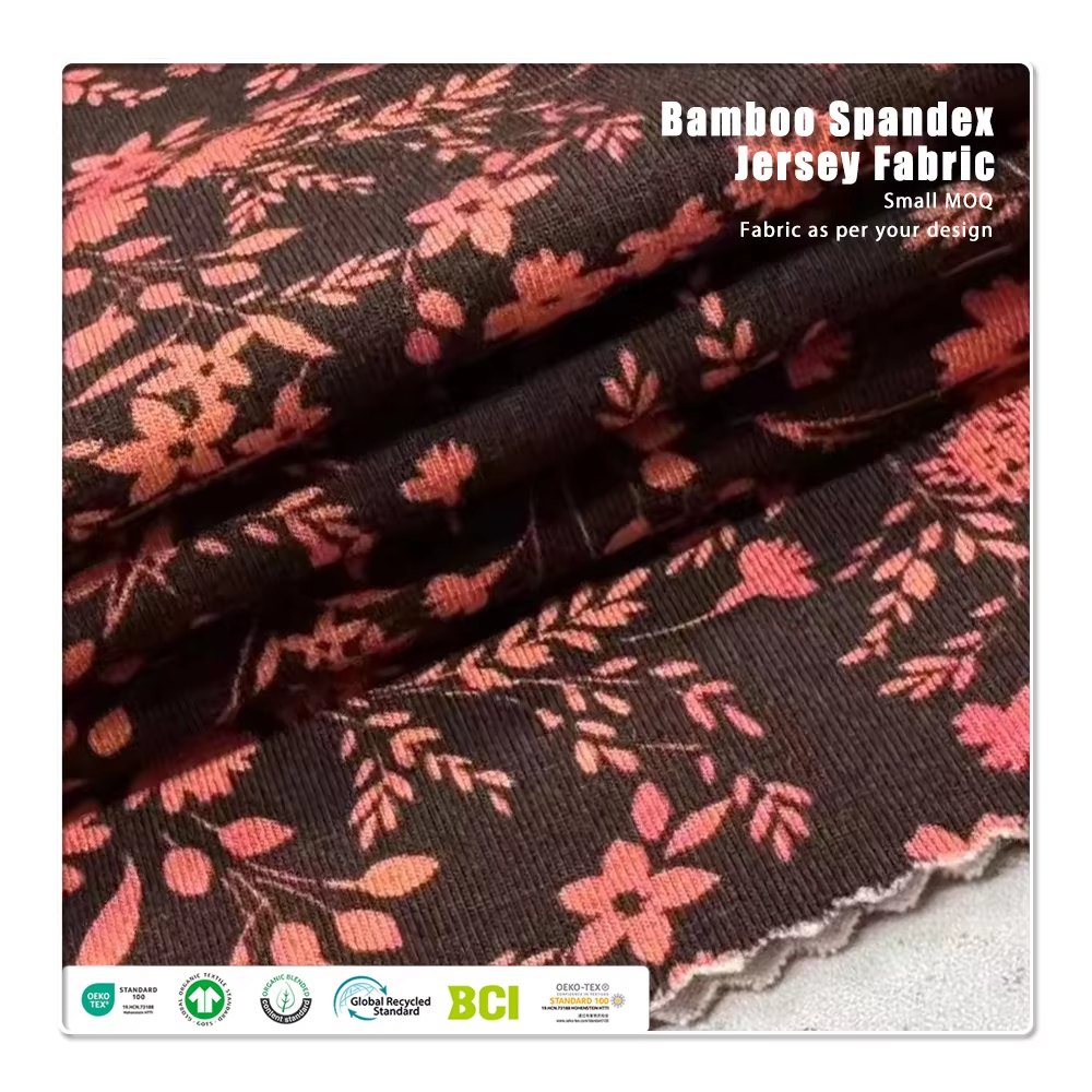 جرسي مزيج طبيعي عالي المطاطية – ٦١٪ بامبو، ٢٧٪ قطن عضوي، ١٢٪ إيلاستين، يتميّز بالتنفّس والصداقة مع البيئة لتصنيع السراويل الضيقة