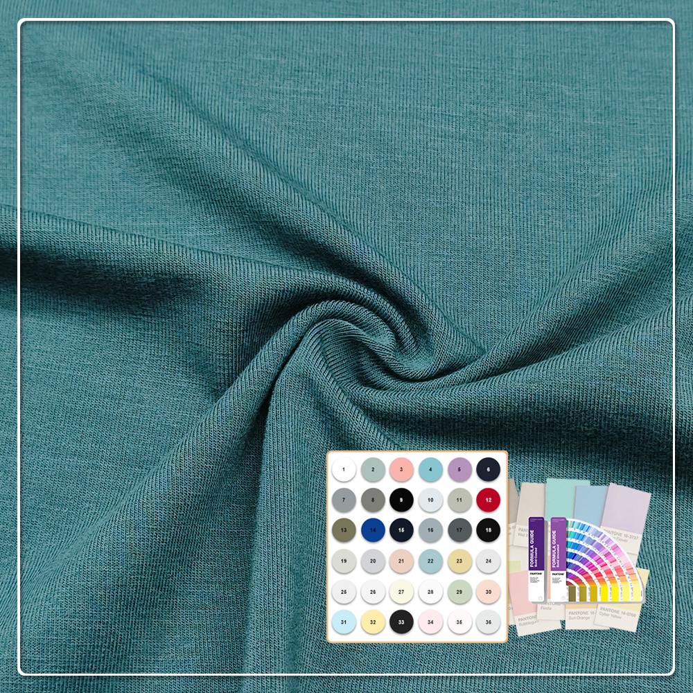 Tissu jersey de 290gsm, composé de 63 % bambou, 27 % coton biologique et 10 % élasthanne, naturel, écologique, antibactérien et désodorisant, adapté aux vêtements de sport haut de gamme pour le chaud