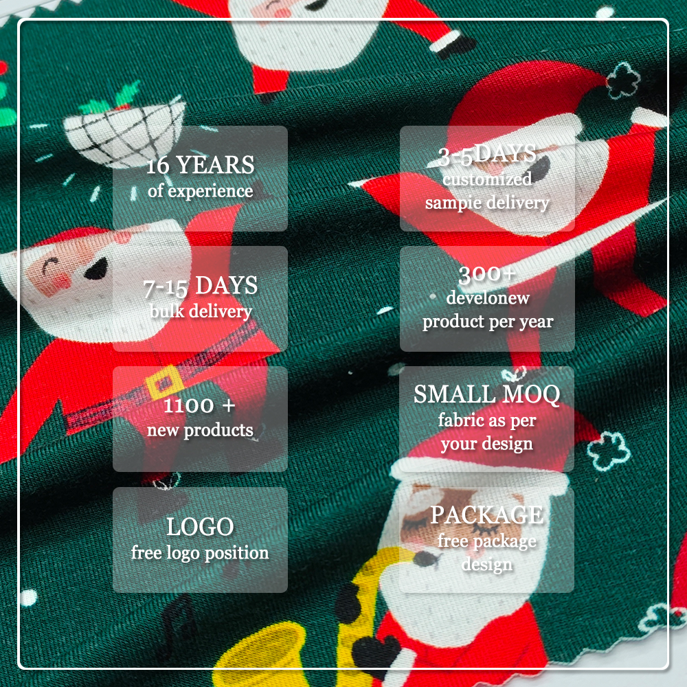 Festligt juletrykt bambus-spandex-jersey-stof (95 % bambus, 5 % spandex, 220 GSM, 170 cm bredde) – blødt, elastisk og miljøvenligt til børns pyjamas og loungewear
