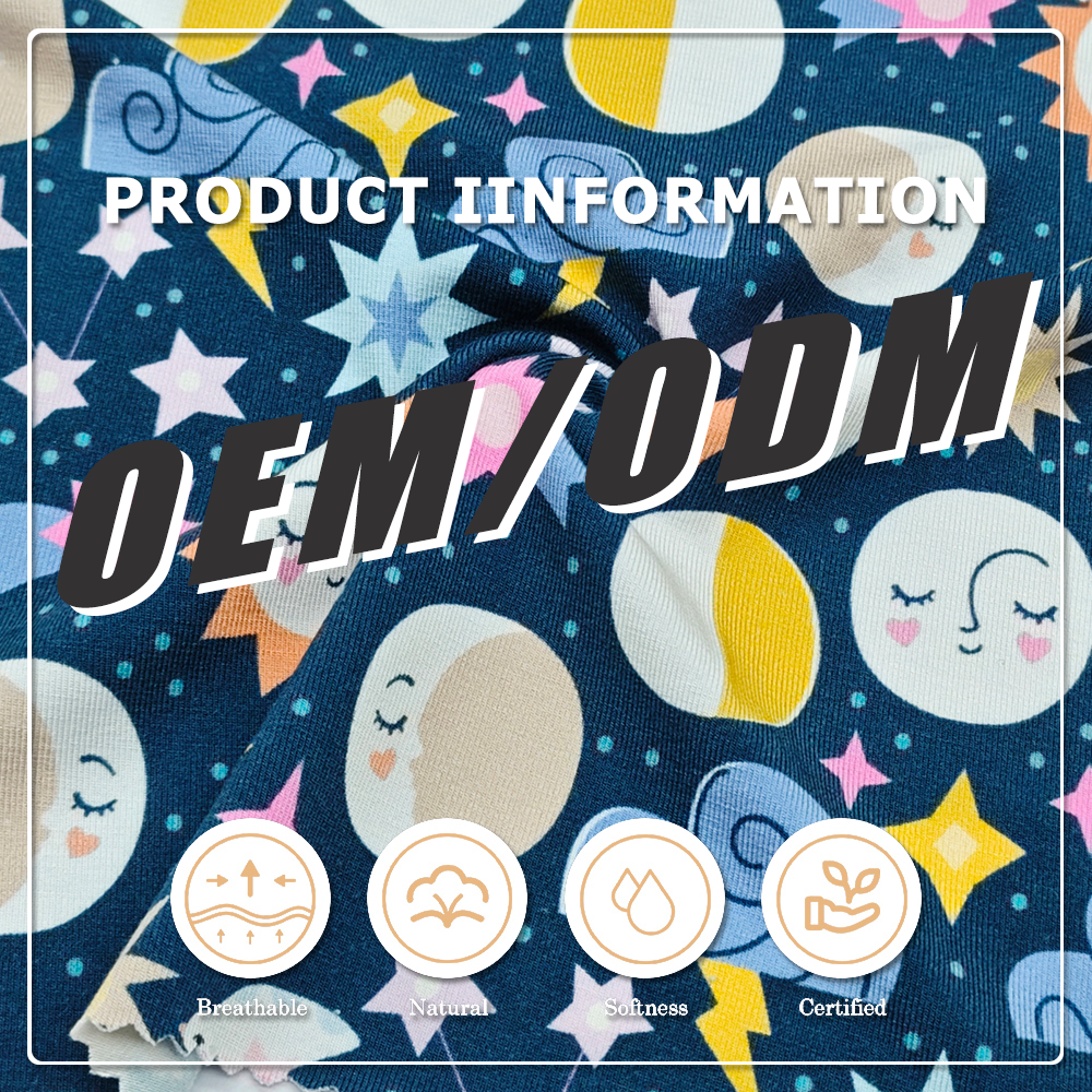 Drömlik himmelsk print i bambu-spandex-jersey (90 % bambu / 10 % spandex, 220 g/m², 170 cm) – charmigt sol-, måne- och stjärnmönster för barns yogakläder