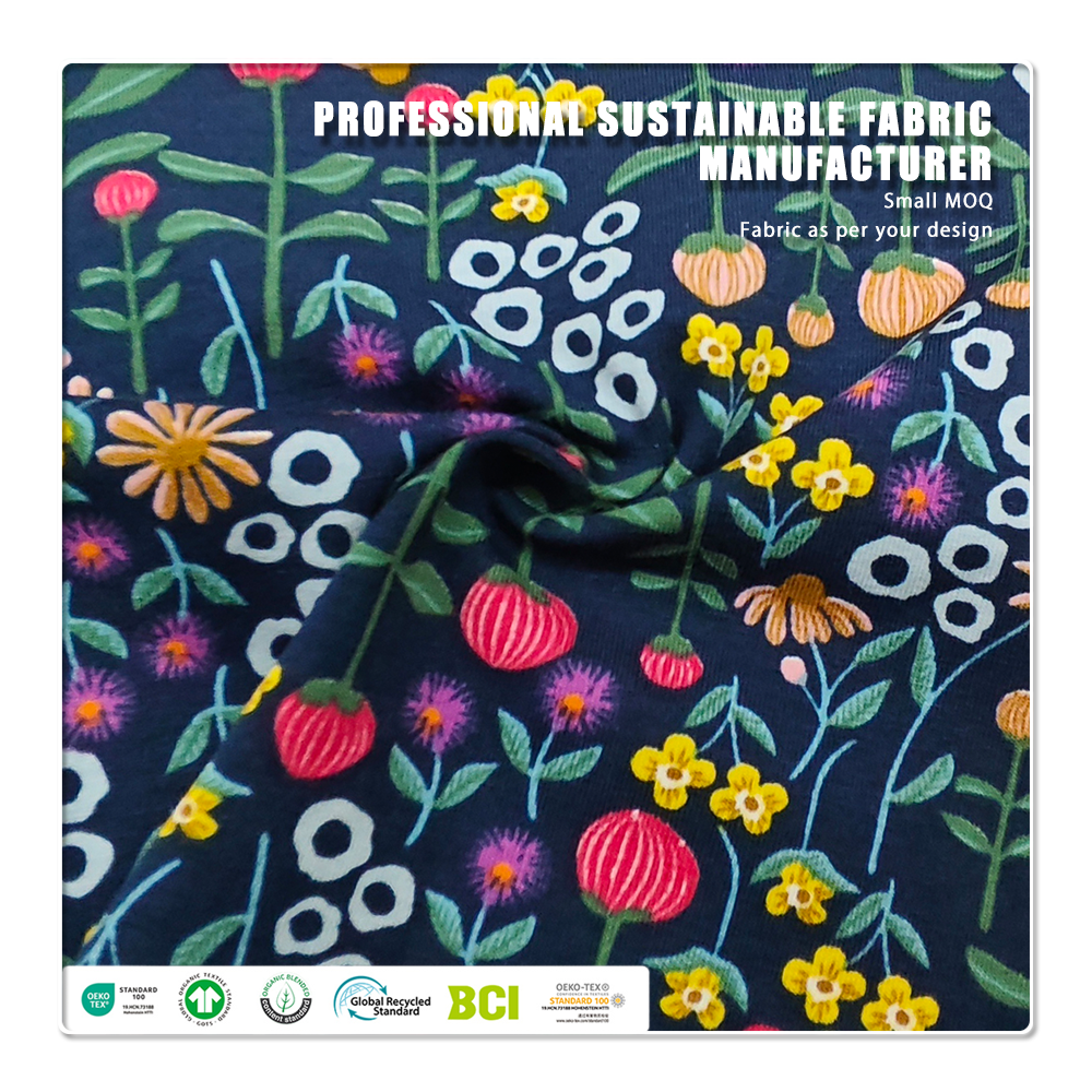 Økologisk blomsterdigitalt printet trikotstof – 200 g/m², 95 % økologisk bomuld og 5 % spandex, blød og bæredygtig til daglig brug