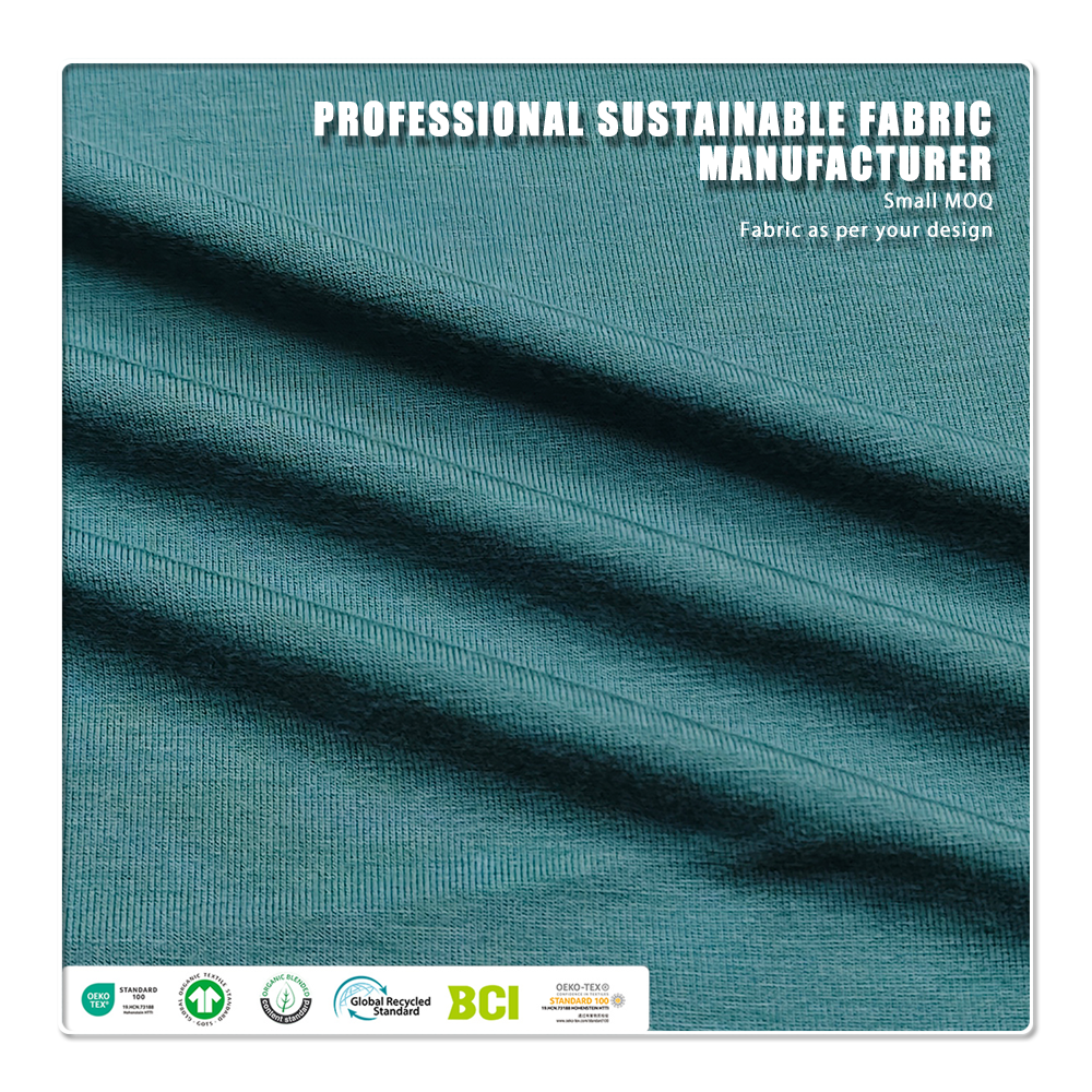 Tissu jersey de 290gsm, composé de 63 % bambou, 27 % coton biologique et 10 % élasthanne, naturel, écologique, antibactérien et désodorisant, adapté aux vêtements de sport haut de gamme pour le chaud