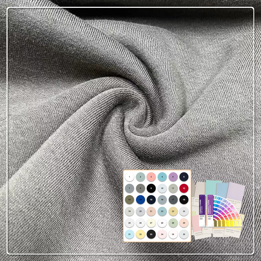 Mjuk, elastisk, andningsbar fjällväv i 60 % bomull och 40 % polyester med UV-skydd, miljövänlig, 260 g/m², för sportkläder samt barn- och bebiskläder