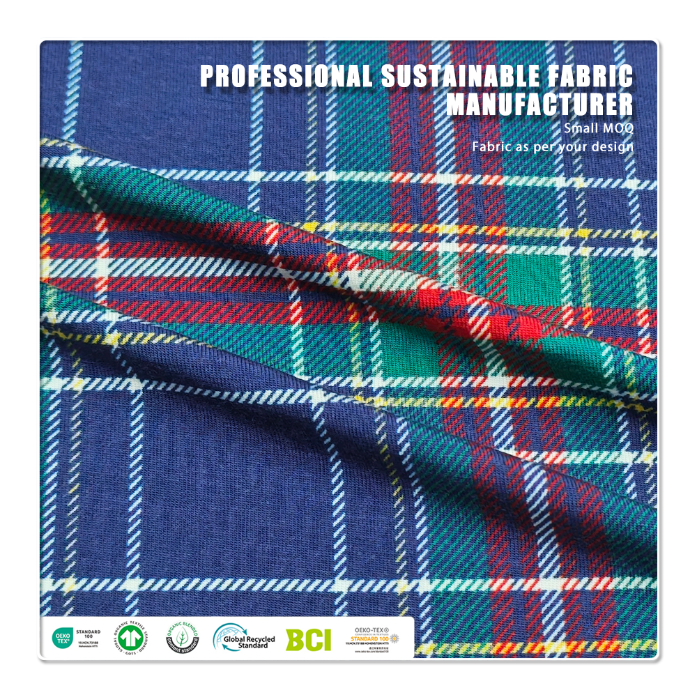 Klassisk tartan-tjekprintet bambus-spandex-jersey – 95 % bambus, 5 % spandex, 220 g/m² mediumvægt, 170 cm bredde, blødt, straktbart stof til skjorter, kjoler og daglig mode