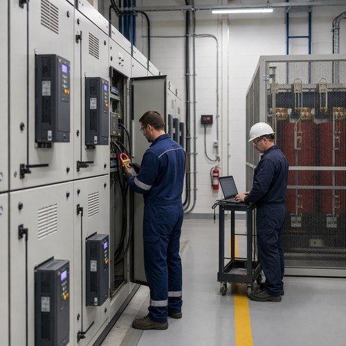 Low voltage motor control centre with variable frequency drives feeding pump motors inside a water treatment plant electrical room