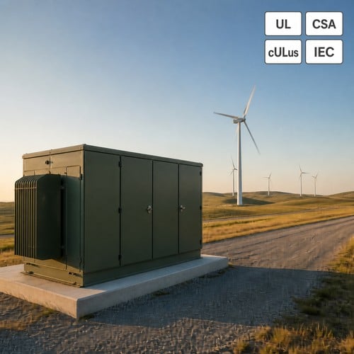 Pad-mounted WTG step-up and collector substation transformers on a wind farm site at golden hour, wind farm transformer selection context
