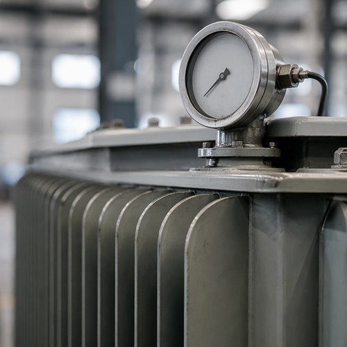 Corrugated cooling fins and top oil temperature gauge of an oil-immersed transformer