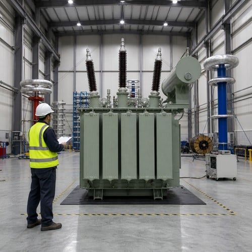 Oil-immersed transformer in factory test bay during routine testing, engineer reviewing test report, transformer quality verification