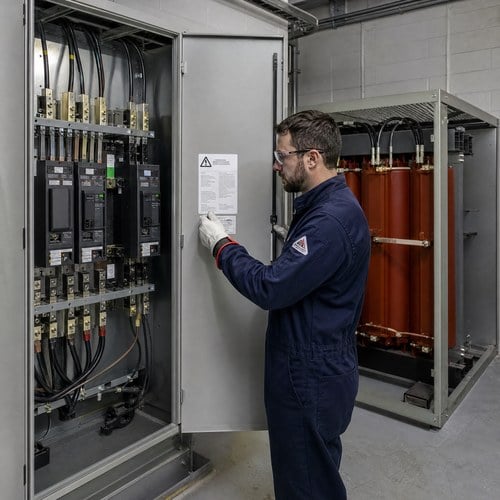 Electrician in arc-rated PPE reading the arc flash warning label on a 480 V switchboard fed by a dry type transformer