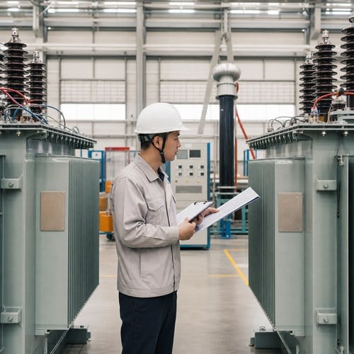 Factory QC engineer comparing nameplates of two transformer tanks in the test hall
