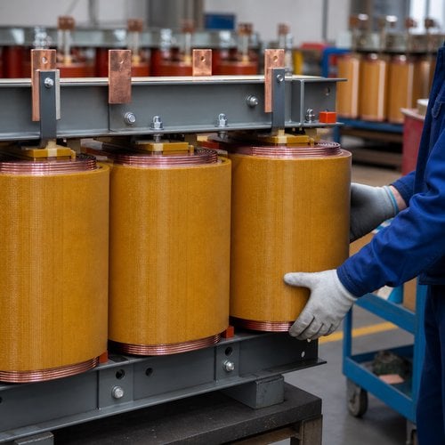 Cast resin dry type transformer winding close-up in workshop, transformer certification quality check