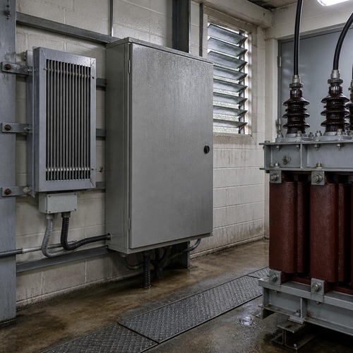 Anti-condensation heater panel and gasketed terminal box in a tropical switchroom serving a dry type transformer