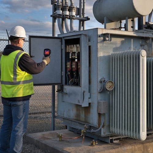 Field engineer scanning low voltage busbar terminations on an oil immersed distribution transformer with a thermal imaging camera