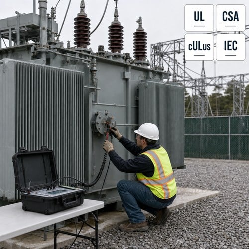 Field engineer connecting frequency response analysis test leads to an oil immersed power transformer at a substation