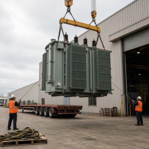 Power transformer tank lifted by gantry crane onto a flatbed trailer in a factory loading yard, transformer shipment and delivery planning