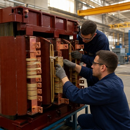 Two technicians inspecting a cast resin transformer winding on the assembly stand in the Ryan Electric workshop