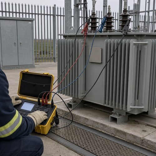 Engineer testing a stored spare transformer with a portable insulation resistance and turns ratio test set before energization