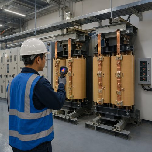 Cast resin dry-type transformers inside an LNG plant electrical house during commissioning thermal inspection