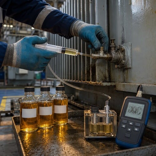 Transformer oil testing by syringe sampling from a tank drain valve before reclamation