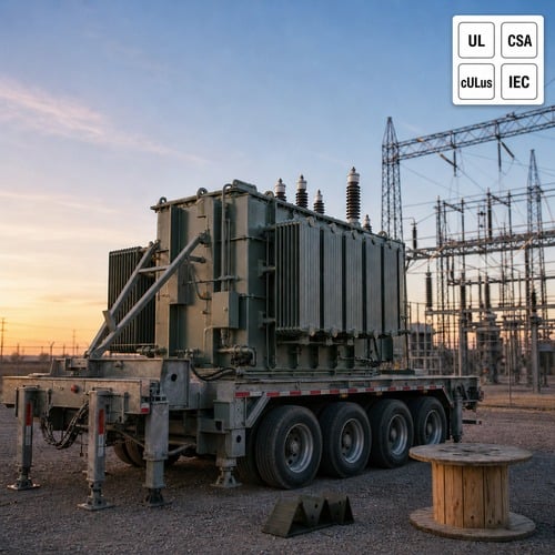 Mobile substation transformer on a transport trailer