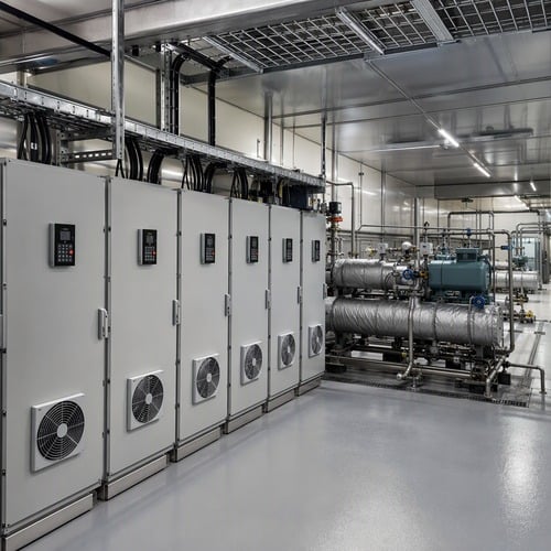 Refrigeration compressor room and VFD drive cabinets on a food processing production line