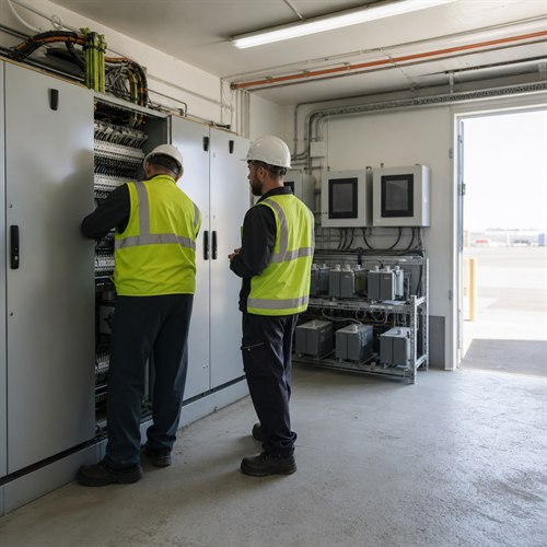 Airfield lighting vault with constant current regulators and series isolation transformers inspected by two engineers