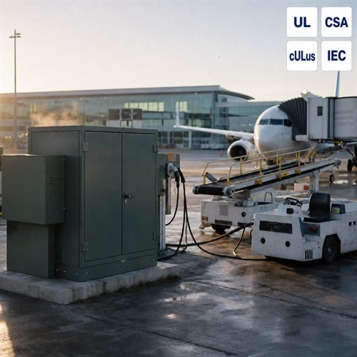 Airport transformer pad mounted unit on an apron charging kiosk beside electric ground support equipment at a terminal gate