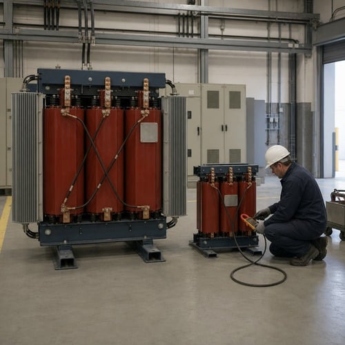 Autotransformer vs isolation transformer size difference - a large two-winding isolation transformer beside a compact autotransformer in an industrial electrical room