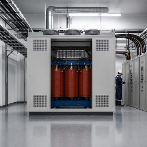 Dry-type transformer in a high-altitude data center electrical room with cooling fans