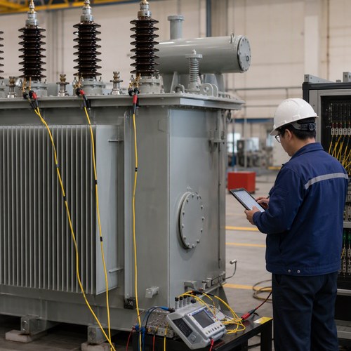 Transformer temperature-rise test in the high-voltage test bay, engineer recording readings