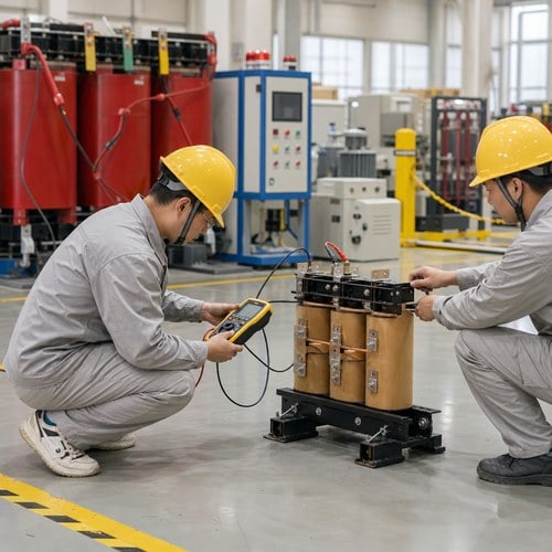 Factory test bay — technicians checking windings of a zigzag transformer with a multimeter