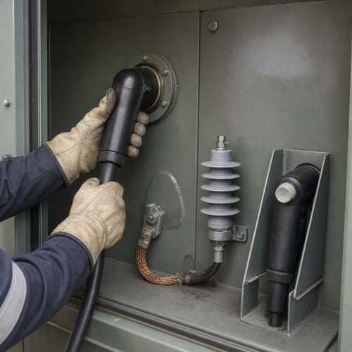 Technician operating a load-break elbow connector and surge arrester inside the primary compartment of a pad mounted transformer