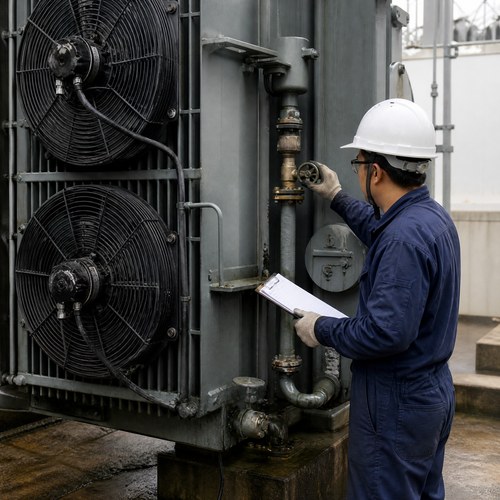 大型油浸式变压器散热器与冷却风机现场检查,工程师手持记录板核对风机控制回路