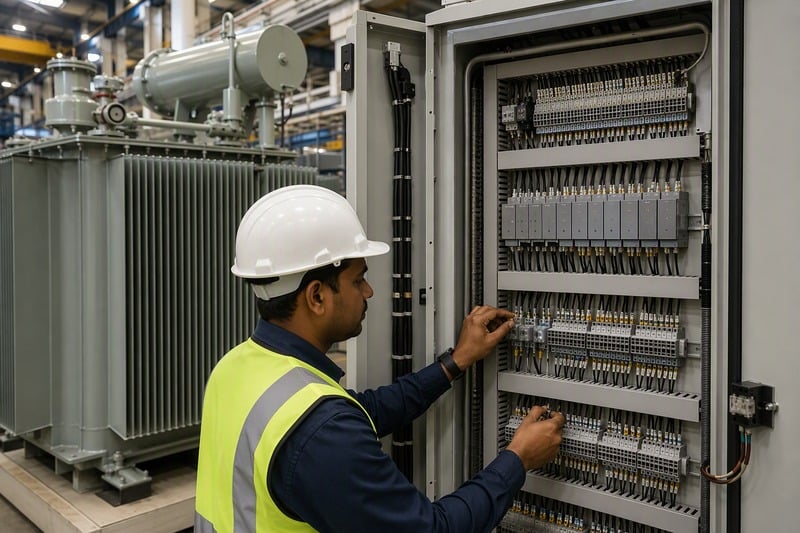 Technician verifying protection relay panel and CT terminal wiring beside an oil immersed transformer