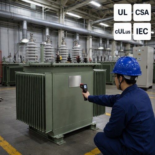 Engineer measuring surface temperature of an oil-immersed distribution transformer with an IR thermometer in the factory test bay