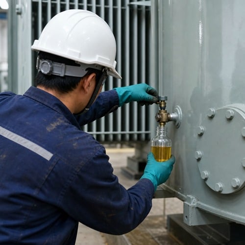Engineer sampling dielectric fluid from a transformer for DGA testing, ester transformer fluid maintenance