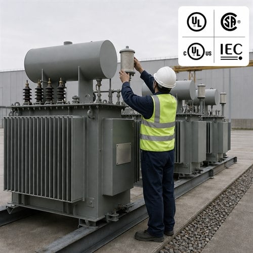 Spare transformer storage yard: three-phase oil-immersed transformers with radiators and conservator tanks waiting in a paved yard, UL, CSA, cULus and IEC certification badges in the corner